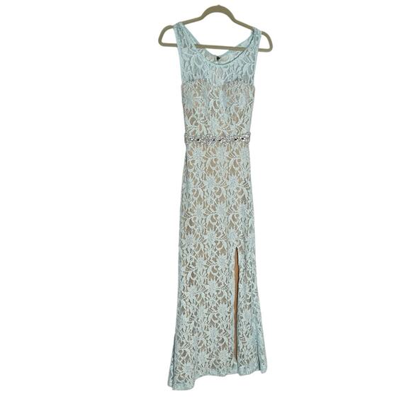 Deb 2000’s Lace Overlay Blue Open Back Cut Out Rhinestone Formal Maxi Dress 7 - Picture 1 of 9